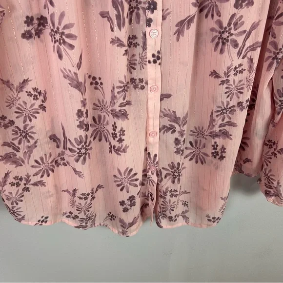 Torrid Crinkle Chiffon Pink Peasant Lurex Sheered Long Sleeve Blouse Size 1 - Picture 8 of 11